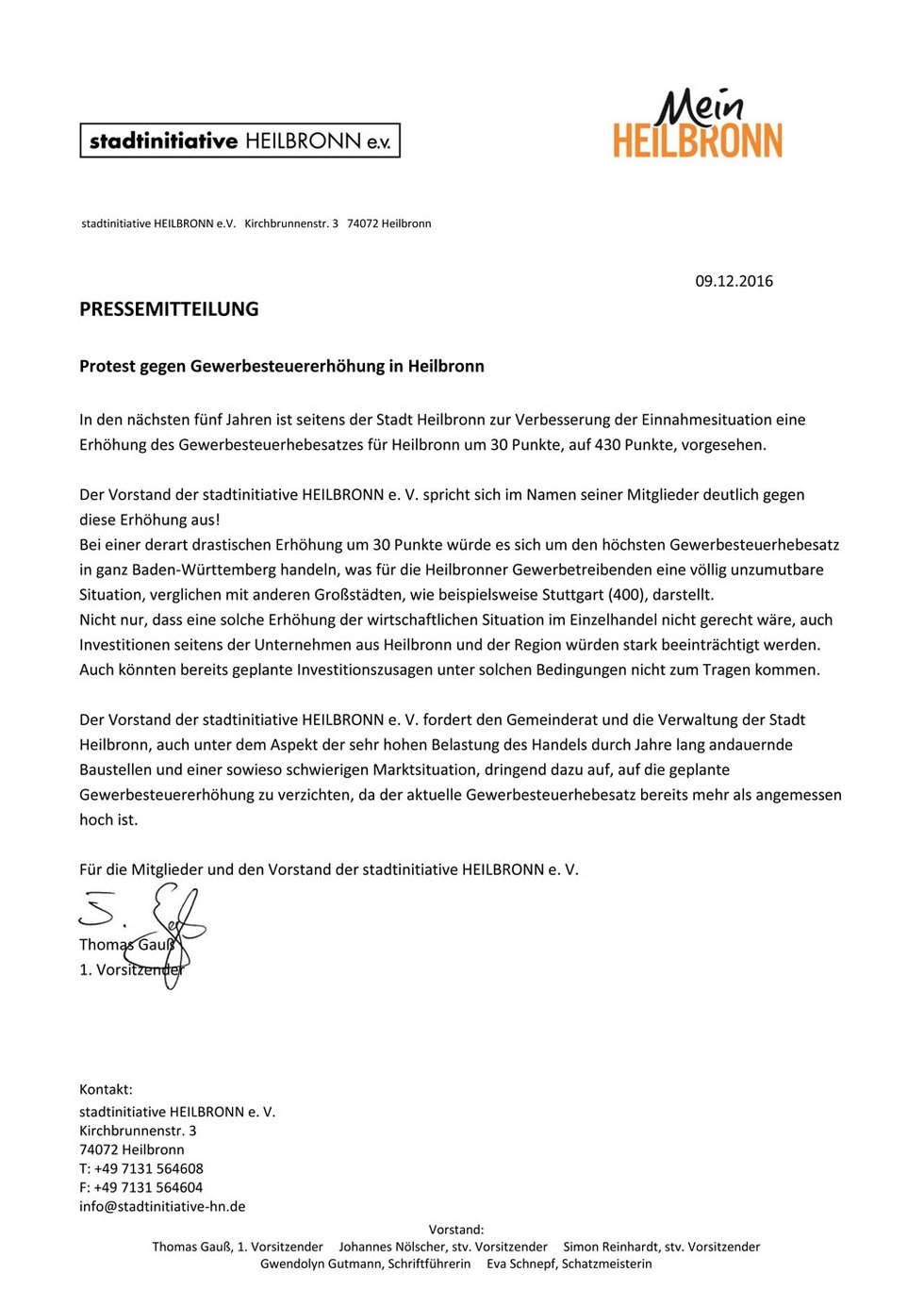 Pressemitteilung Stadtinitiative Heilbronn
