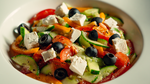 a bowl of greek salad with tomato, cucumber, white cheese, olive